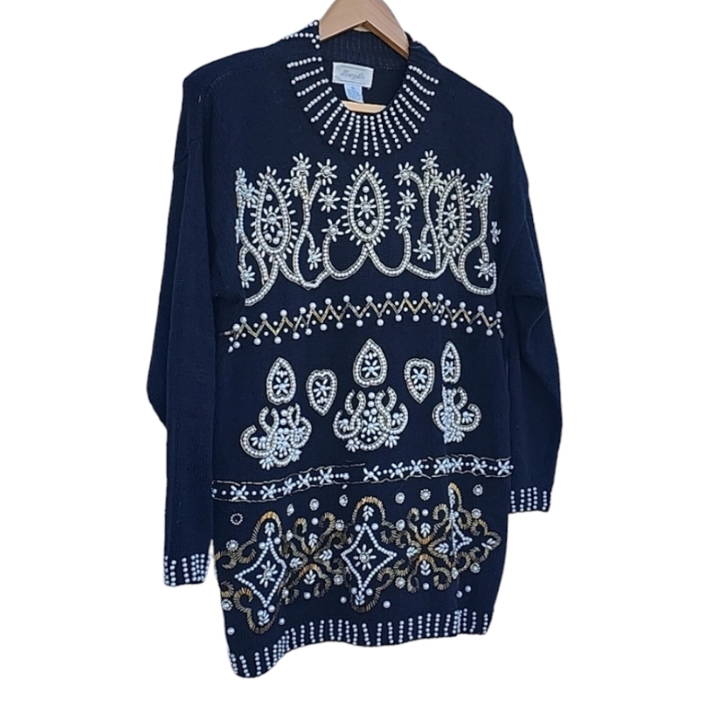 VINTAGE 1980s Margules Beaded Pearl Sweater S Oversized Holiday Christmas Glam - Picture 12 of 17